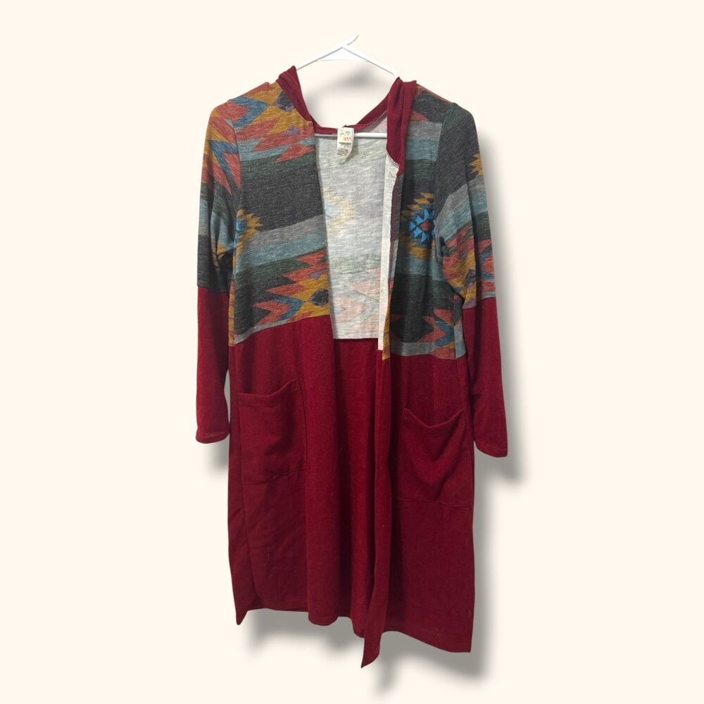 7th Ray Cardigan Womens S Hooded Open Front Long Duster Aztec Boho Cozy Red